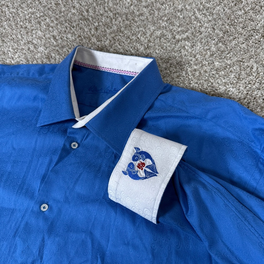 Robert Graham Button Down Mens XXXL Blue Jacquard Wave Coastal Luxury Cotton